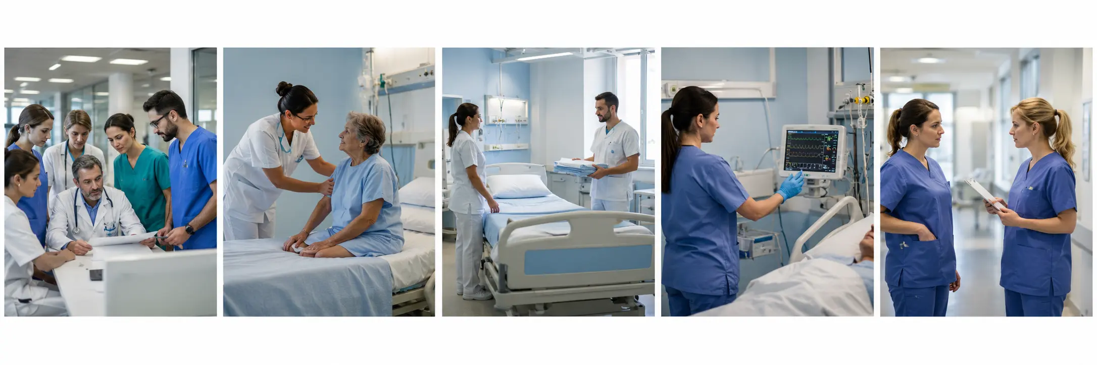 Équipe ospedaliera multidisciplinare riunita in un reparto luminoso